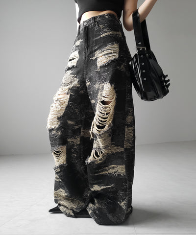 【 ２color ／ ４size 】クラッシュダメージバイカラースラブワイドデニム ／ crash damaged bicolor slab wide denim