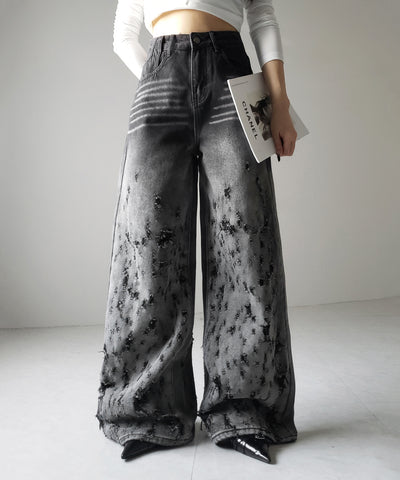 【 ２color ／ ４size 】グラデーションクラッシュダメージワイドデニムパンツ ／ gradation crash damage wide denim pants