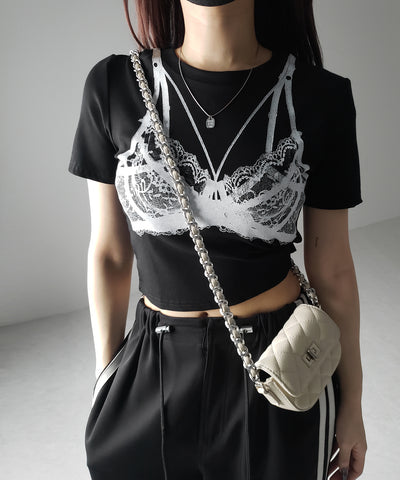 【 ３color 】レースランジェリー半袖クロップドＴ ／ lace lingerie short sleeve cropped T