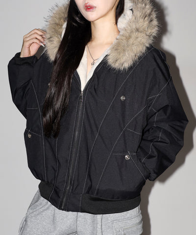 配色ステッチファーフード中綿オーバーブルゾン ／ stitch fur hood fake down over blouson