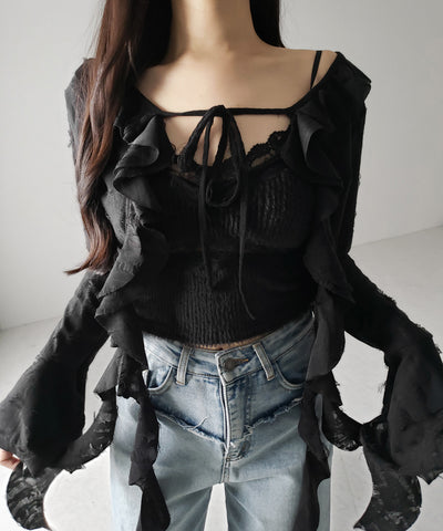 【 ２color 】ダメージフリルショートリボンカーディガン ／ damage frill short ribbon cardigan