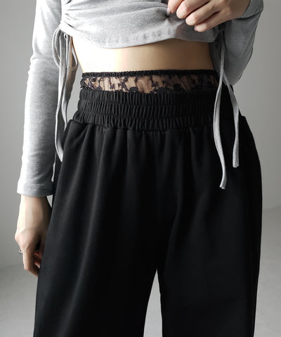 【 ２color 】ウエストレースドッキングワイドスウェットパンツ／ waist lace docking wide sweat pants