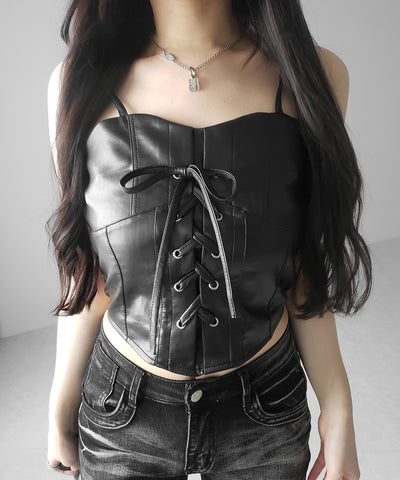 レースアップフロントリボンフェイクレザービスチェ ／ lace up front ribbon fake leather bustier