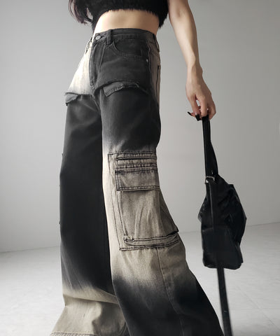 【 ２color ／４size 】ブロッキングバイカラーオーバーダイワイドデニム ／ blocking bicolor overdye wide denim