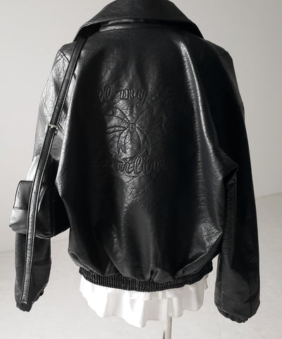 【 ２color 】バックリボン刺繍ヴィンテージライクフェイクレザーブルゾン ／ back ribbon vintage like fake leather blouson