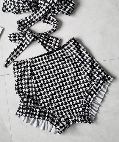 【 レディース水着／２点セット 】千鳥格子柄クロスウエストリボンハイウエストビキニ ／ houndstooth pattern cross waist ribbon high waist bikini