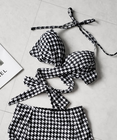 【 レディース水着／２点セット 】千鳥格子柄クロスウエストリボンハイウエストビキニ ／ houndstooth pattern cross waist ribbon high waist bikini