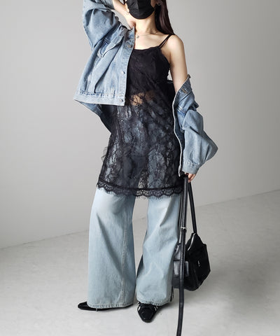 【 ２color 】チュールドッキングレースチュニックキャミソール ／ tulle docking lace tunic camisole