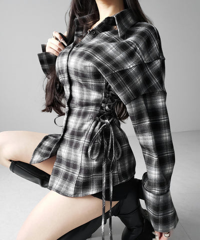 レースアップリボンスリムラインチェックネルシャツ ／ lace up ribbon slim line check flannel shirt