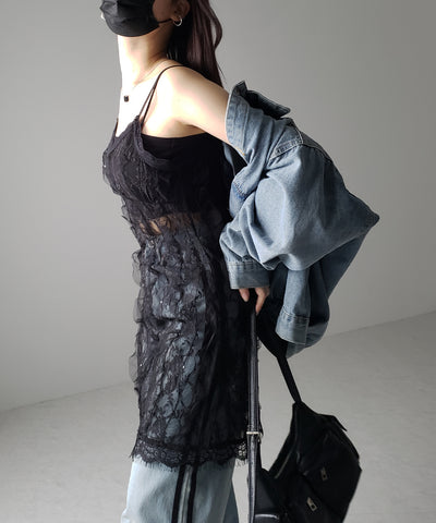 【 ２color 】チュールドッキングレースチュニックキャミソール ／ tulle docking lace tunic camisole
