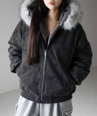 ファーフードヴィンテージフェイクレザーオーバーブルゾン ／ fur hooded vintage fake leather over blouson