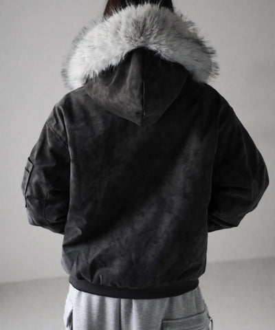 ファーフードヴィンテージフェイクレザーオーバーブルゾン ／ fur hooded vintage fake leather over blouson