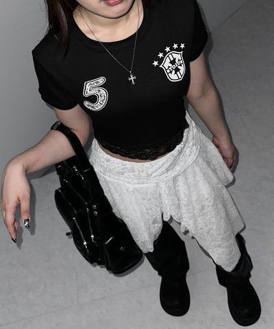 ユニフォームドッキングレースショートピチTシャツ ／ uniform docking lace short pichi T-shirt