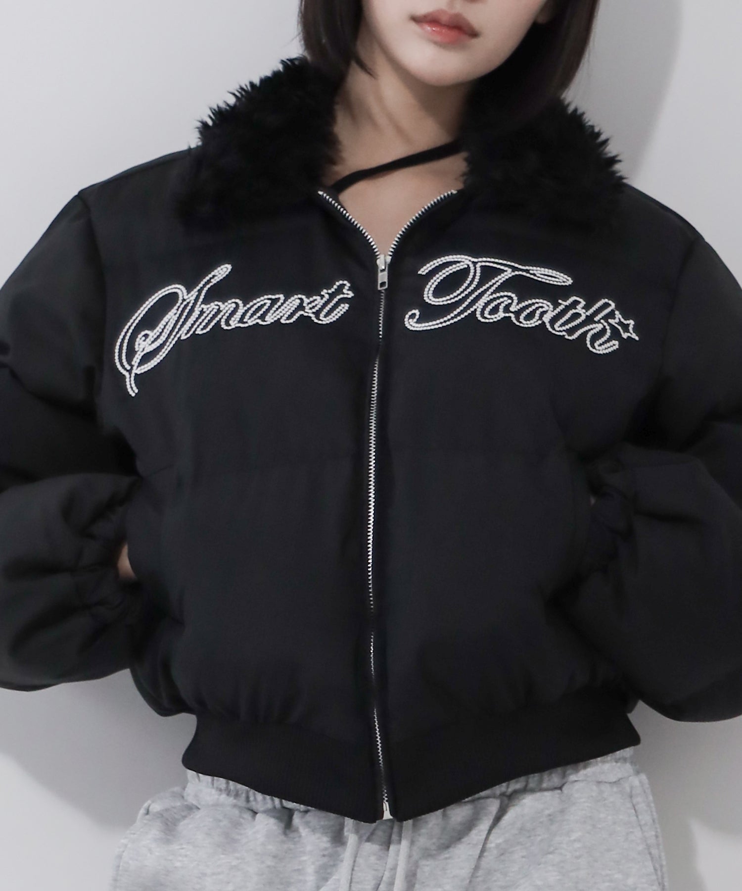レタリングロゴ刺繍ショートパフダウンジャケット ／ lettering logo embroidery short puffer jacket
