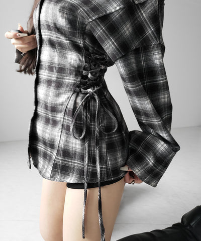 レースアップリボンスリムラインチェックネルシャツ ／ lace up ribbon slim line check flannel shirt