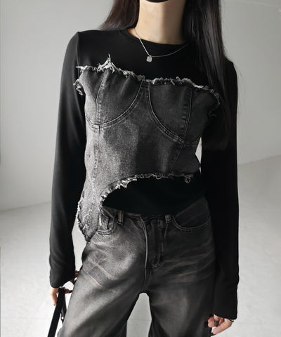 【 ２color 】ダメージデニムビスチェドッキングＴシャツ ／ damage denim bustier docking Tee