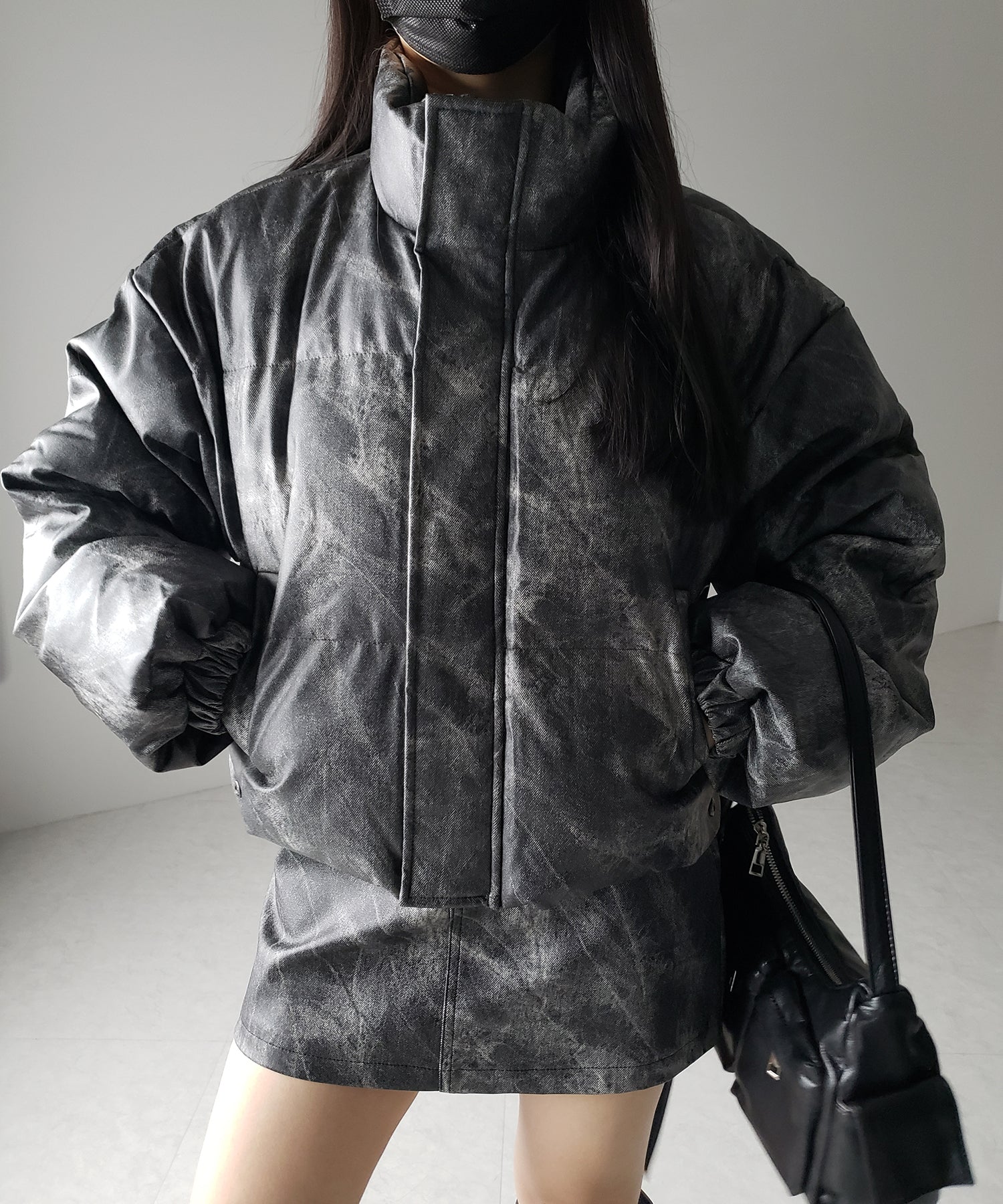 【 セットアップ着用可能 】ヴィンテージライクフェイクレザーショートダウンジャケット ／ vintage like fake leather short down jacket