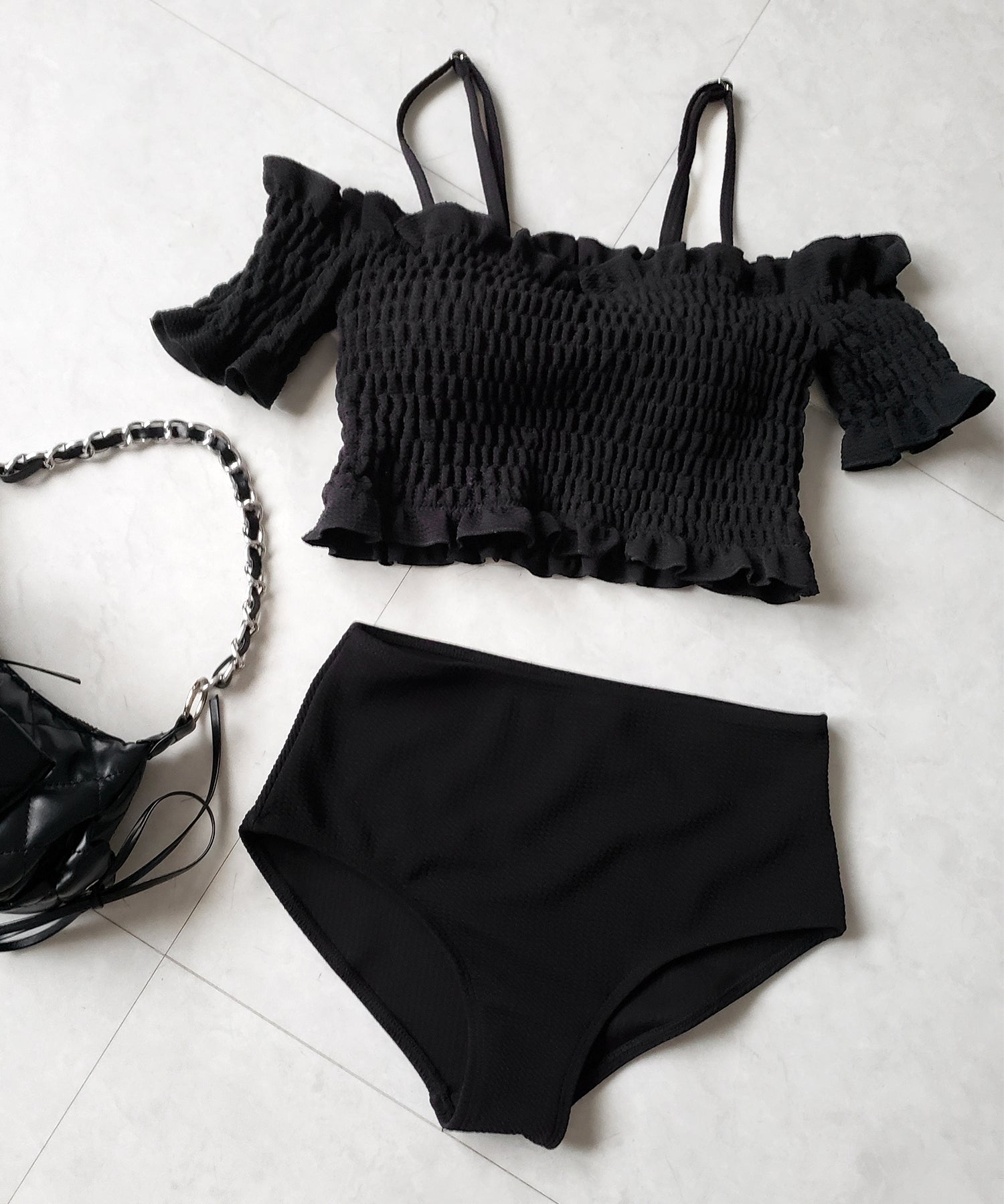 【 レディース水着／２点セット 】オフショルダーシャーリングギャザーハイウエストビキニ ／ off shoulder shirring gather highwaist bikini