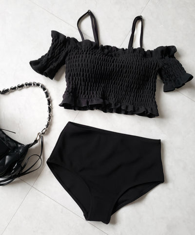 【 レディース水着／２点セット 】オフショルダーシャーリングギャザーハイウエストビキニ ／ off shoulder shirring gather highwaist bikini