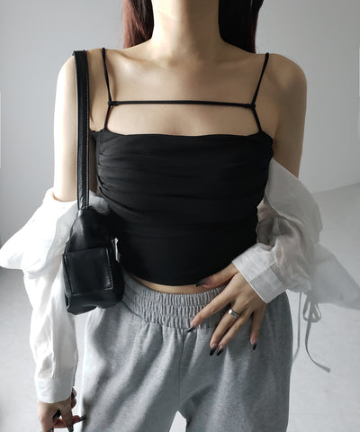 【 カップ付き／２WAY 】ラインストラップタックショートキャミソール ／ line strap tuck short camisole