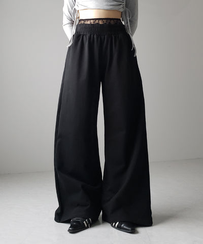 【 ２color 】ウエストレースドッキングワイドスウェットパンツ／ waist lace docking wide sweat pants