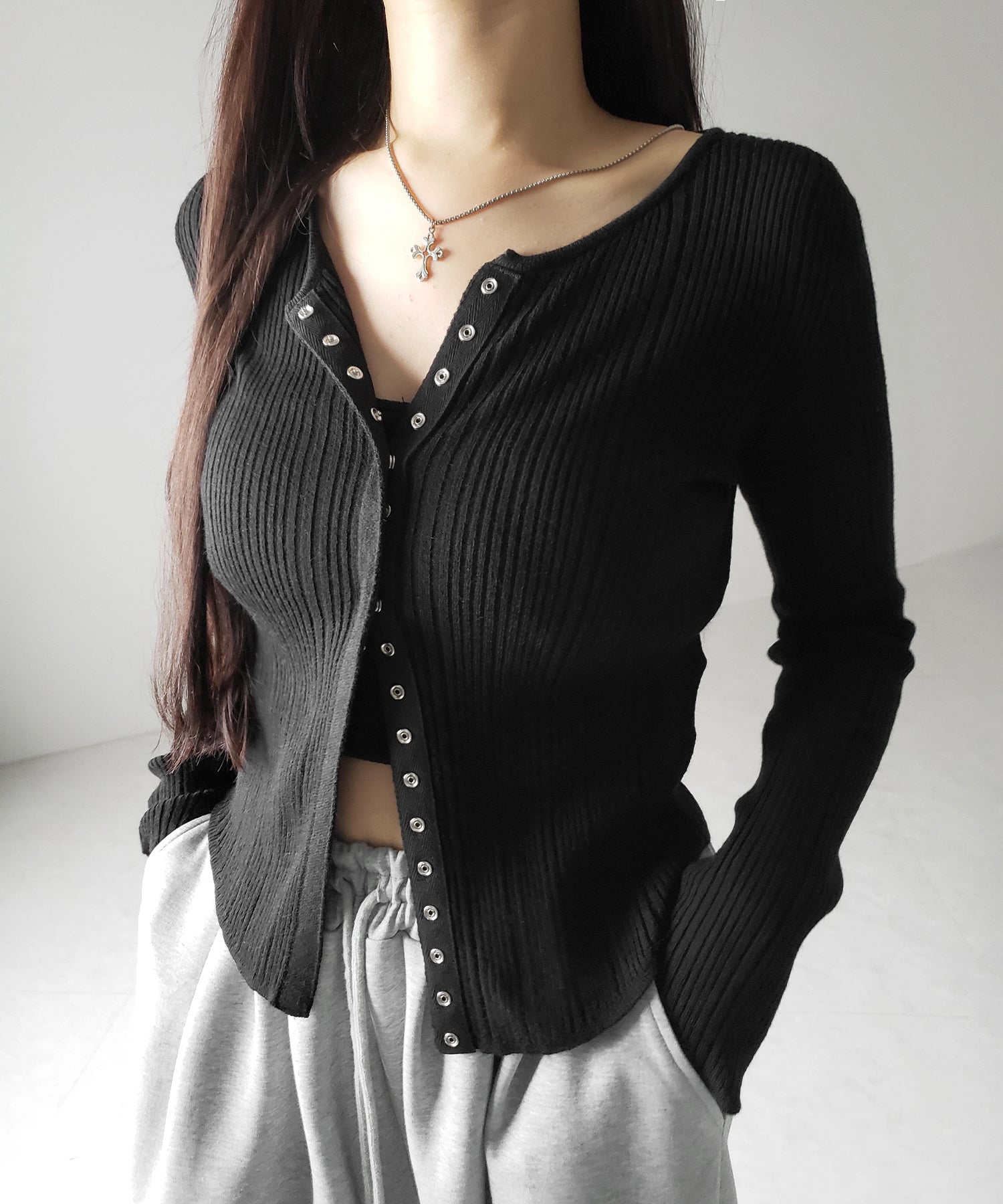 【 ３color 】スナップボタンリブニットスリムカーディガン ／ snap button rib knit slim cardigan