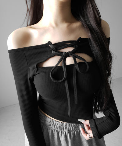 レースアップリボンカットアウトオフショルリブロンT ／ lace up ribbon cutout offshoulder ribbed long T-shirt