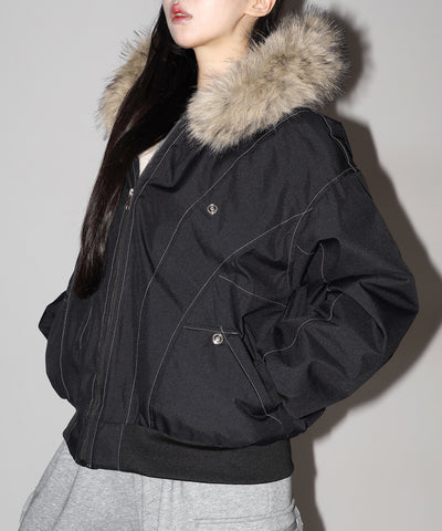 配色ステッチファーフード中綿オーバーブルゾン ／ stitch fur hood fake down over blouson