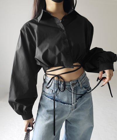 【 ２color 】クロスストラップリボンショートシャツ ／ cross strap ribbon short shirts