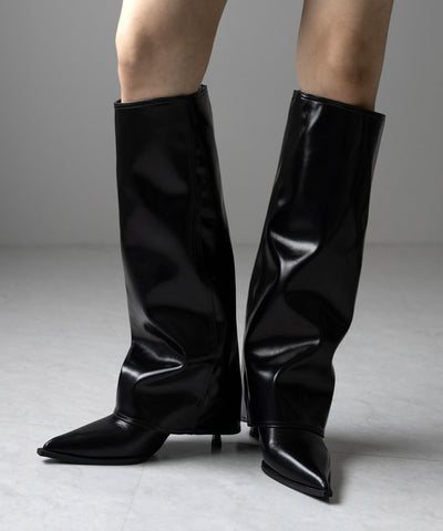 【 ２color 】ポインテッドトゥフェイクレザーカバーロングブーツ ／ pointed toe fake leather covered long boots