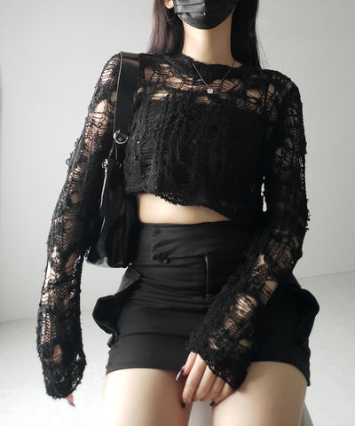 【 ２color 】クラッシュダメージショートシアーニット ／ crush damage short sheer knit