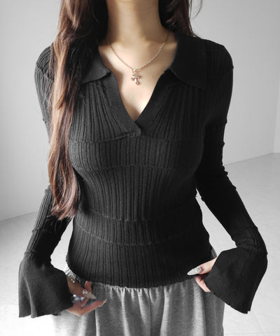 スキッパーネックスリムリブニットトップス ／ skipper neck slim rib knit tops