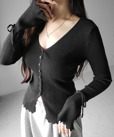 フレアリボンスリーブ透かし編みニットカーディガン ／ flare ribbon sleeve openwork knit cardigan