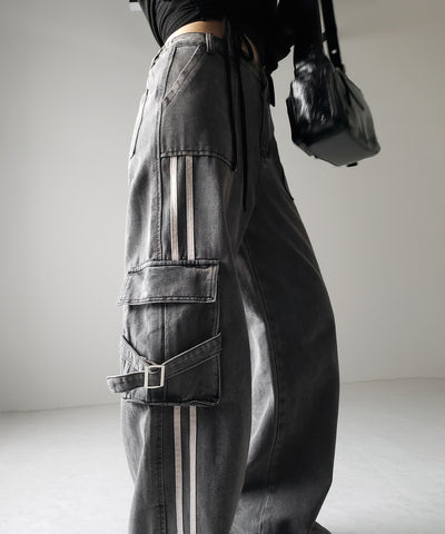 【 ２color ／ ４size 】サイドラインストレートカーゴデニムパンツ ／ sideline straight cargo denim pants