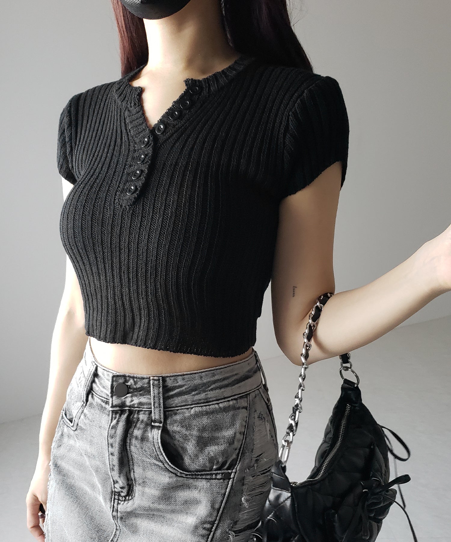 【 ３color 】キーネックショートサマーリブニットトップス ／ Key neck short summer rib knit tops