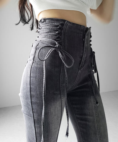 サイドレースアップリボン美脚ストレッチフレアデニム ／ side laceup ribbon slim leg stretch flare denim