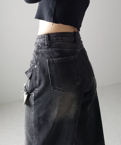 【 ４size ／ ２color 】ダブルウエストダメージレイヤードヴィンテージルーズデニム