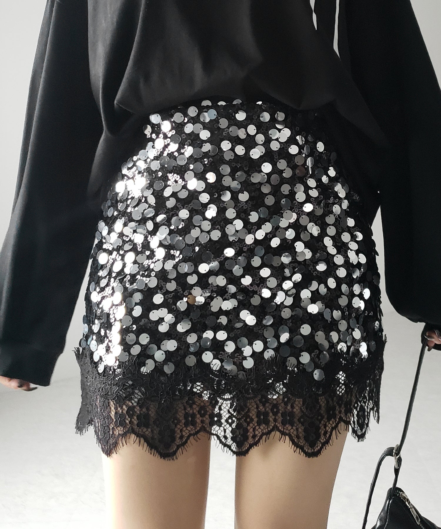 【 インパン裏地付 】レースドッキングスパングルミニスカート ／ lace docking spangle mini skirt