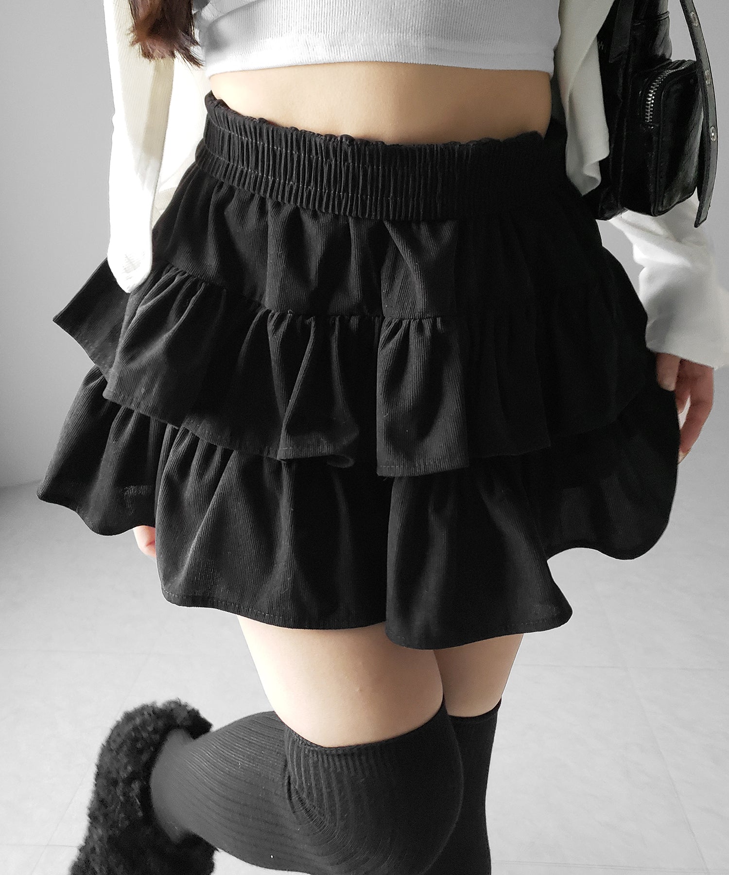 【 無地 or レオパードから選べる ／ インパン裏地付 】コーデュロイティアードフリルミニスカート ／ corduroy tiered frill mini skirt
