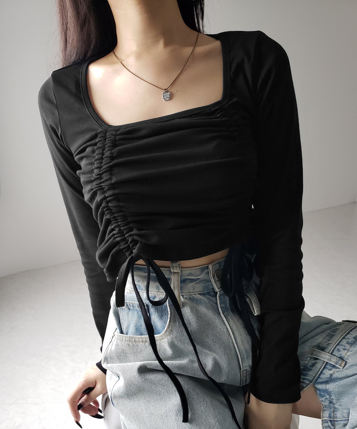 【 ３color 】 ダブルシャーリングリボンスクエアネックトップス ／ double shirring ribbon square neck tops