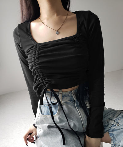 【 ３color 】 ダブルシャーリングリボンスクエアネックトップス ／ double shirring ribbon square neck tops