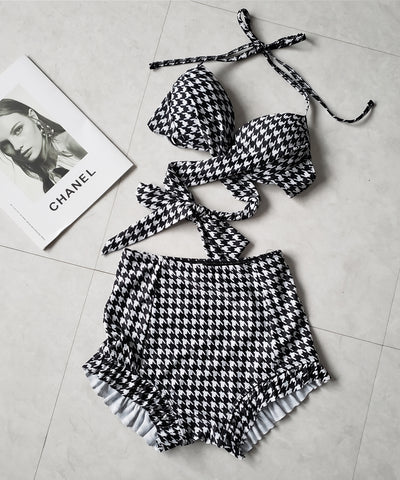 【 レディース水着／２点セット 】千鳥格子柄クロスウエストリボンハイウエストビキニ ／ houndstooth pattern cross waist ribbon high waist bikini