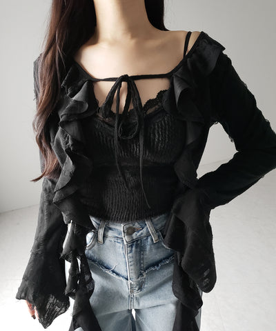 【 ２color 】ダメージフリルショートリボンカーディガン ／ damage frill short ribbon cardigan