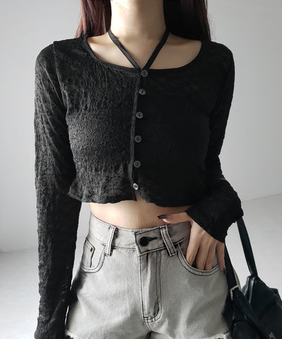 【 ２WAY 】クロスストラップリボンショートレースカーディガン ／ cross strap ribbon short lace cardigan