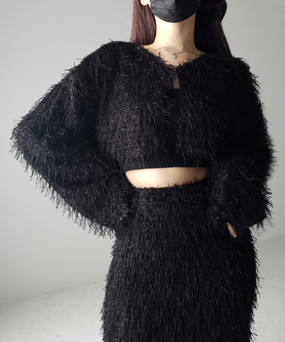 【 セットアップ可能 】シャギーフリンジショートカーディガン ／shaggy fringe short cardigan