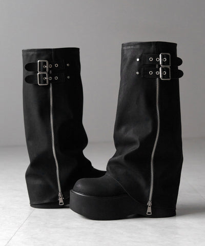 【 ２color 】ベルテッドヴィンテージ厚底カバーロングブーツ ／belted vintage platform cover long boots