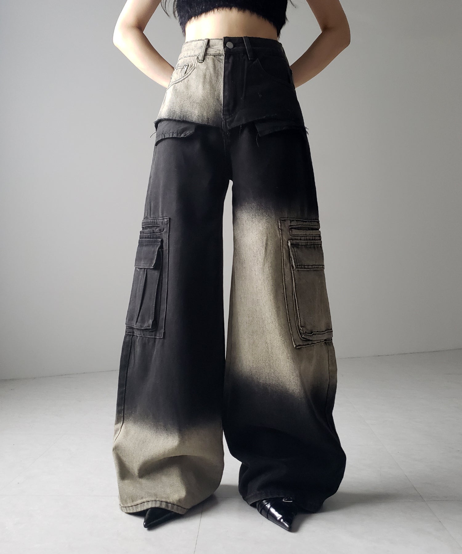 【 ２color ／４size 】ブロッキングバイカラーオーバーダイワイドデニム ／ blocking bicolor overdye wide denim
