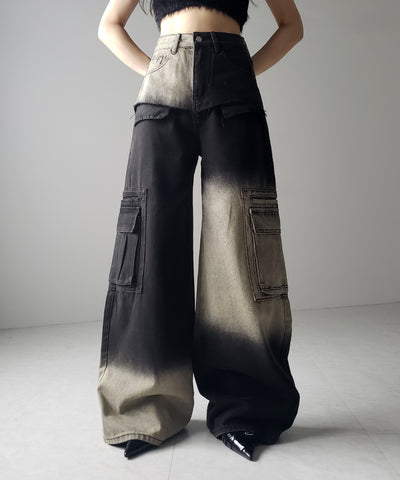 【 ２color ／４size 】ブロッキングバイカラーオーバーダイワイドデニム ／ blocking bicolor overdye wide denim