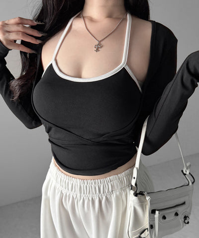 【２点セット 】２WAY クロスストラップショートカーディガン＋ ホルターリボンバイカラーキャミSET ／ 2WAY cross strap short cardigan + halter ribbon bicolor camisole SET