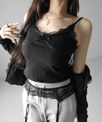 【 ２点セット 】レースドッキングリブキャミソール ＋ カーディガンセット ／ lace docking lib camisole + cardigan SET